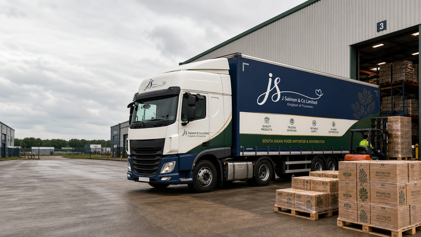 J Saimon & Co wholesale food distribution lorry at a UK warehouse loading bay